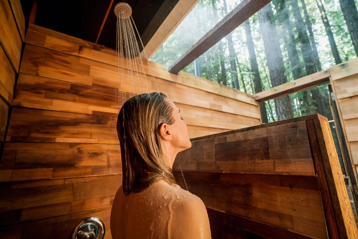 Outdoor shower at Camp Navarro